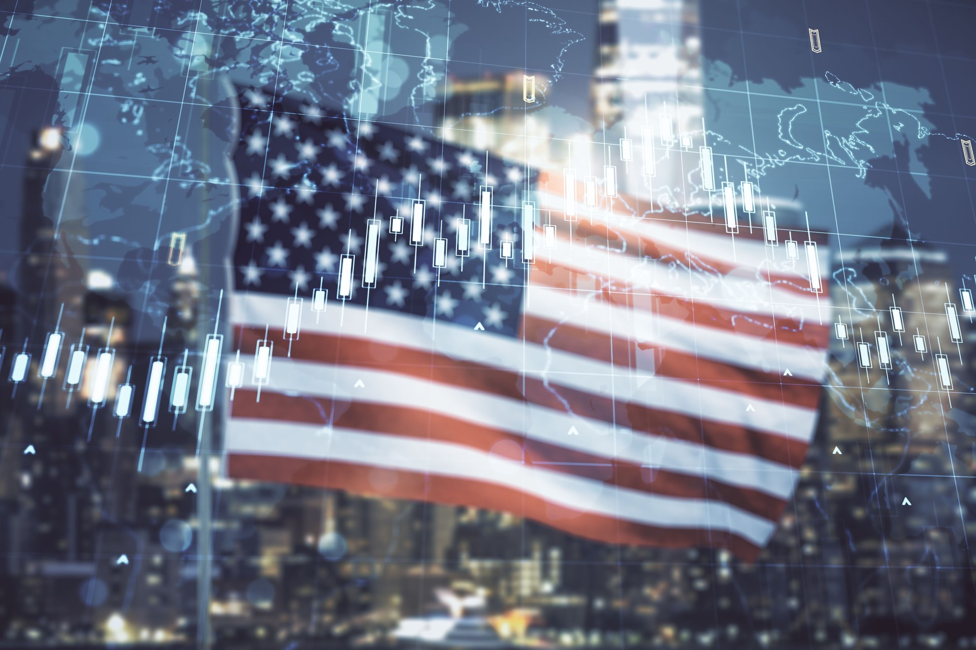 Multi exposure of virtual creative financial graph and world map on USA flag and blurry cityscape background, forex and investment concept